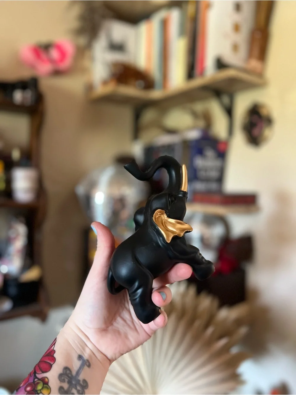 Decorative Black and Gold Elephant Figurine for Wall Display